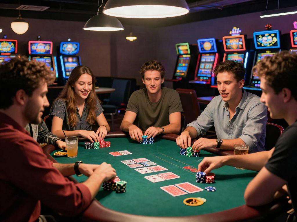 Exciting gathering featuring friends playing poker, showcasing rokok88 alternatif and vibrant casino atmosphere.