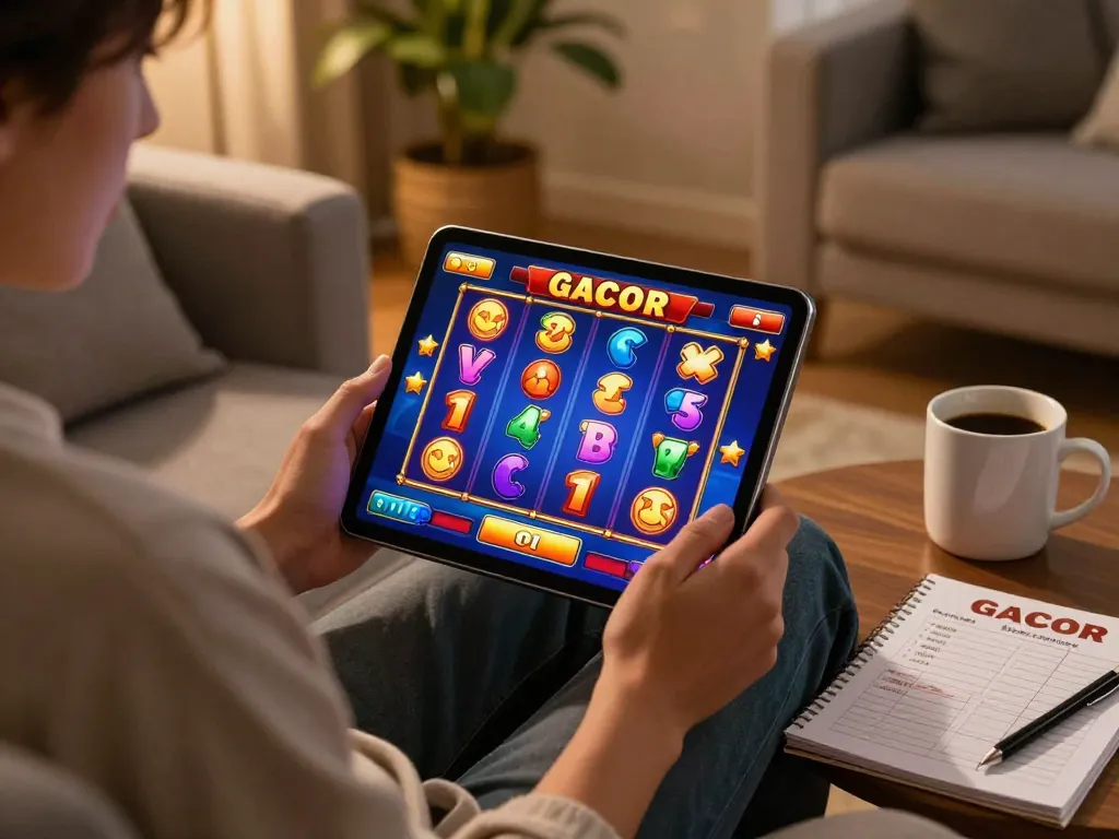 Bermain game slot gacor secara online di tablet, menampilkan antarmuka permainan yang cerah dan elemen kenyamanan di rumah.