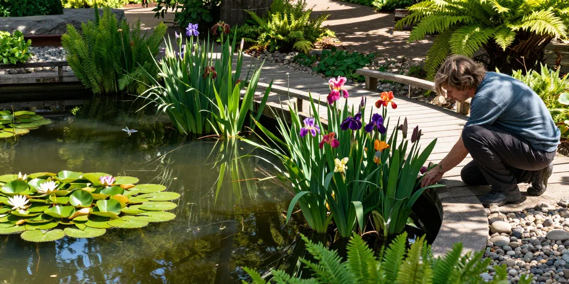 Buy Pond Plants Online and enhance your garden's tranquility with vibrant water lilies and irises in a serene pond scene.