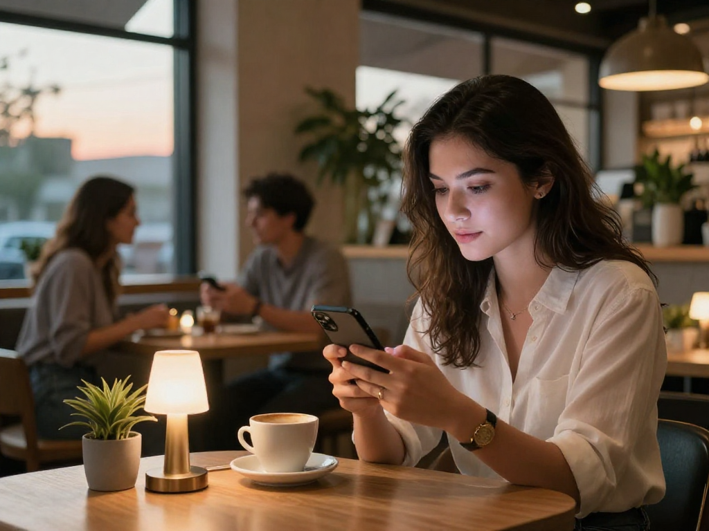 Young woman crush on potential matches in a cozy café using a dating app.