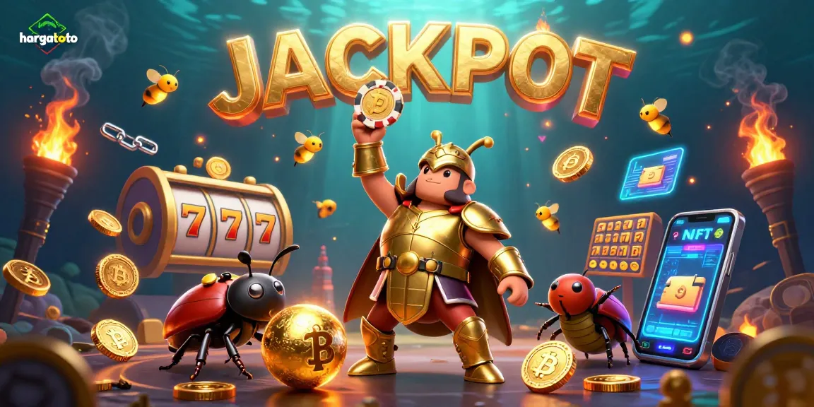 Experience thrills with hargatoto as cartoon beetles raise a jackpot poker chip amidst vibrant casino elements.