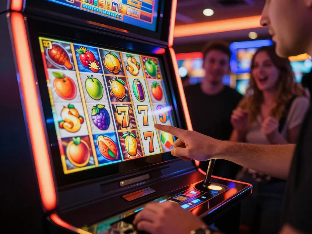Player spinning the slot machine lever in a vibrant casino filled with excitement and neon lights