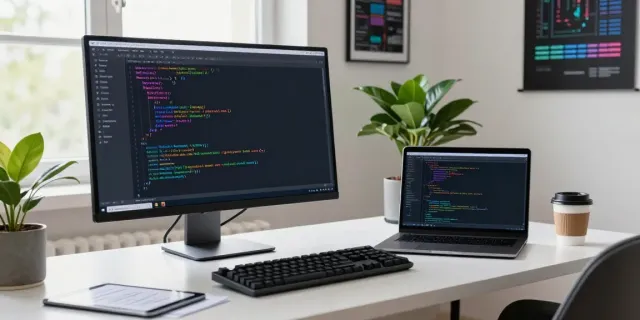 Developer coding in Notepad++ at a modern workspace with colorful syntax highlighting, coffee cup, and natural lighting.