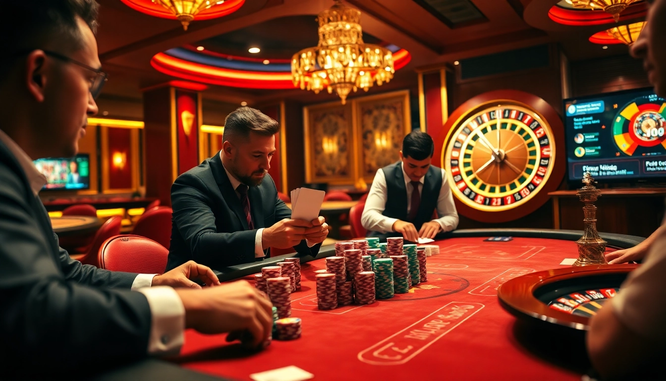 Des joueurs vivant une action de poker palpitante dans un meilleure casino en ligne, avec des jetons et des cartes vibrants.