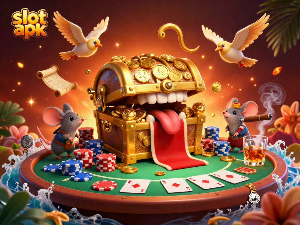 Attract players with slot apk on thrilling 3D treasure chest illustration featuring poker elements.