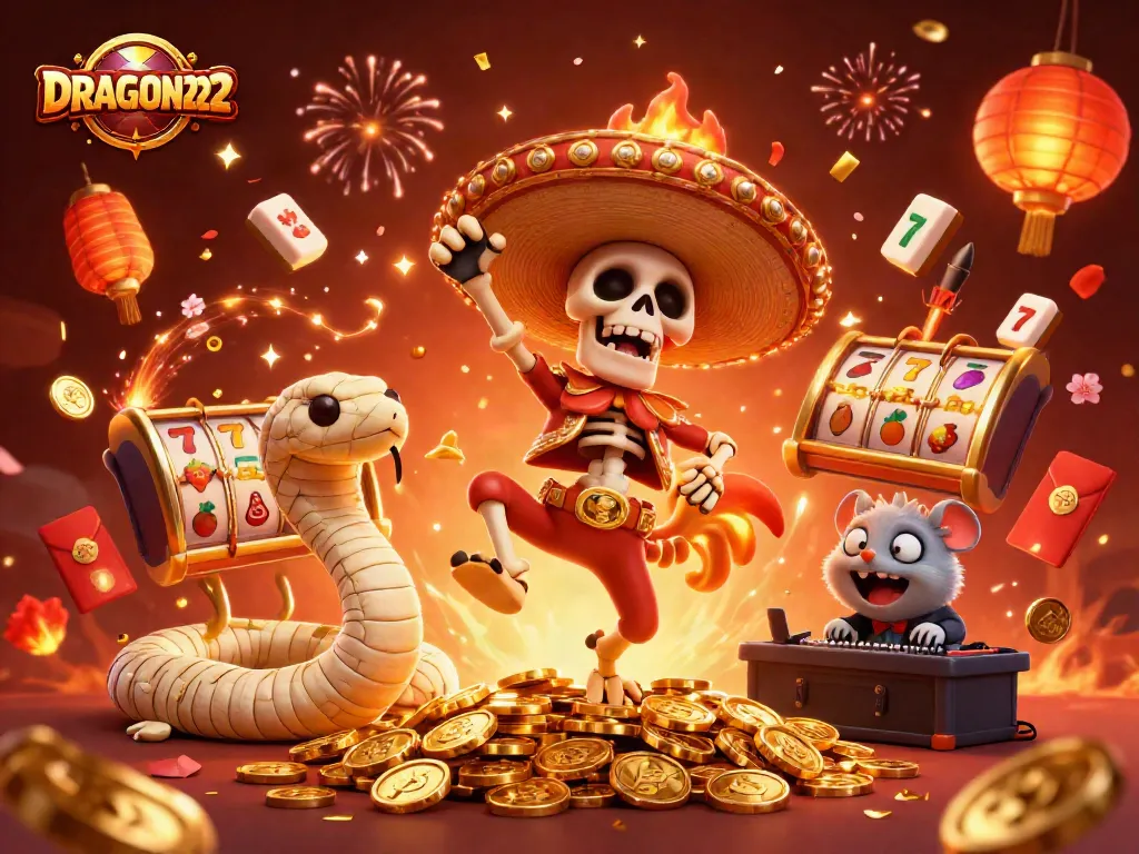 Engage in thrilling gameplay with DRAGON222, showcasing dynamic slot reels amidst a vibrant celebration.