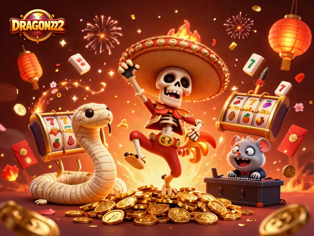 Engage in thrilling gameplay with DRAGON222, showcasing dynamic slot reels amidst a vibrant celebration.