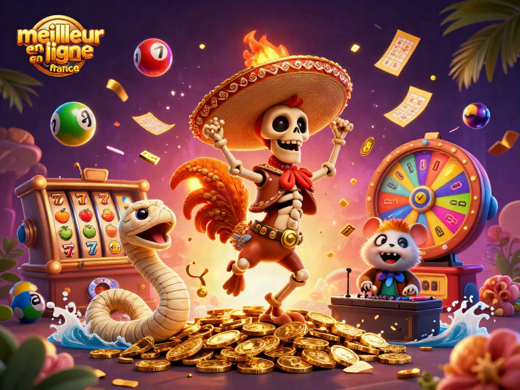 Visitez le meilleur casino en ligne France avec des symboles de jeux colorés comme des machines à sous et des loteries.