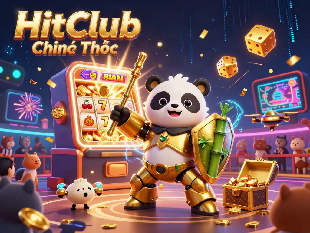 Engage in thrilling gameplay with HitClub Chính Thức, featuring a mech-suit panda amidst a vibrant casino scene.