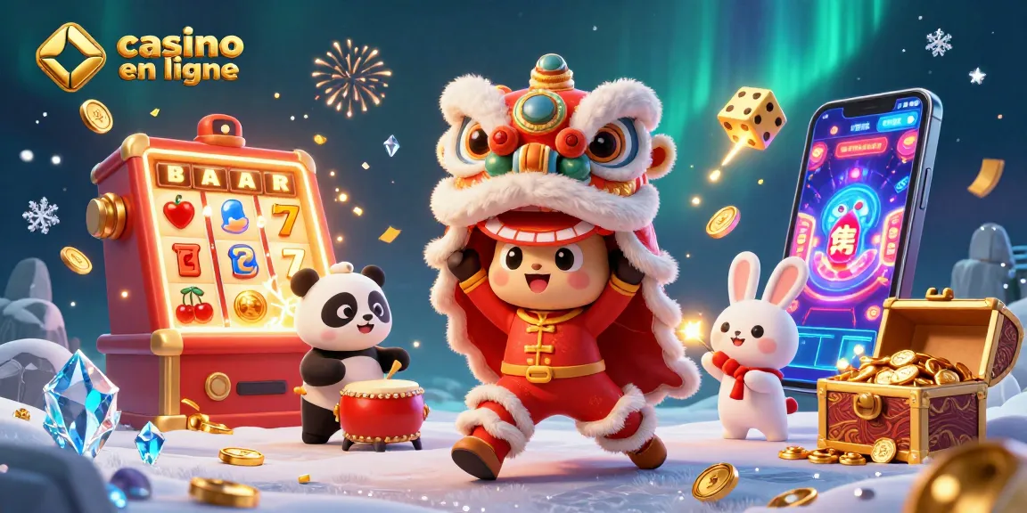 Illustre les jeux de casino en ligne avec un dragon chinois dansant, un panda et un lapin festif.