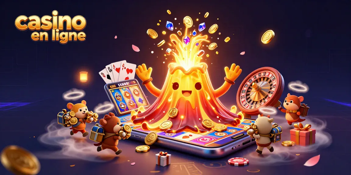 Jouez à des machines à sous captivantes dans un casino en ligne avec un volcan doré et des trésors volant.