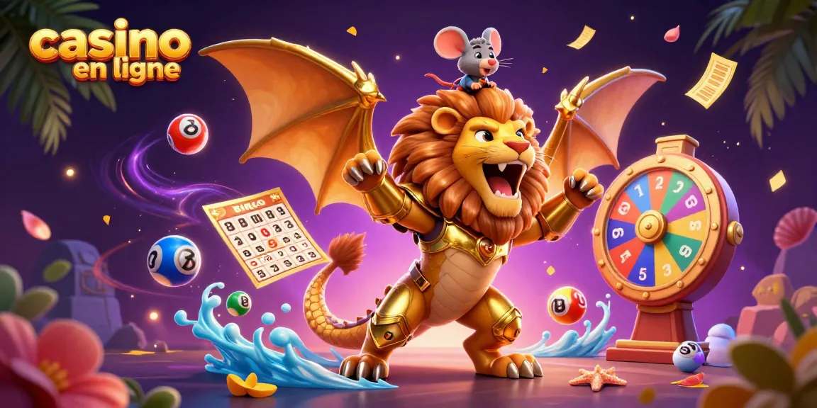 Découvrez l'animation captivante de casino en ligne avec un chimère dorée entourée de ballons de loterie colorés.