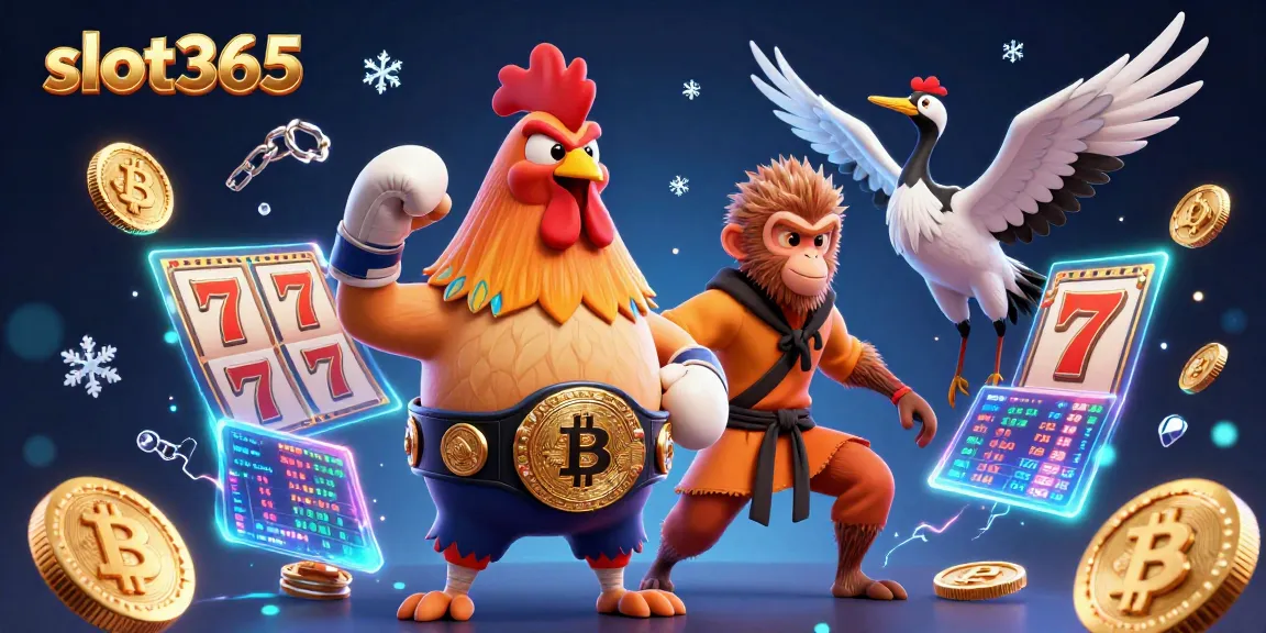 Engage with slot365 as a vibrant 3D scene featuring a Muay Thai rooster and a monkey martial artist celebrating big wins.