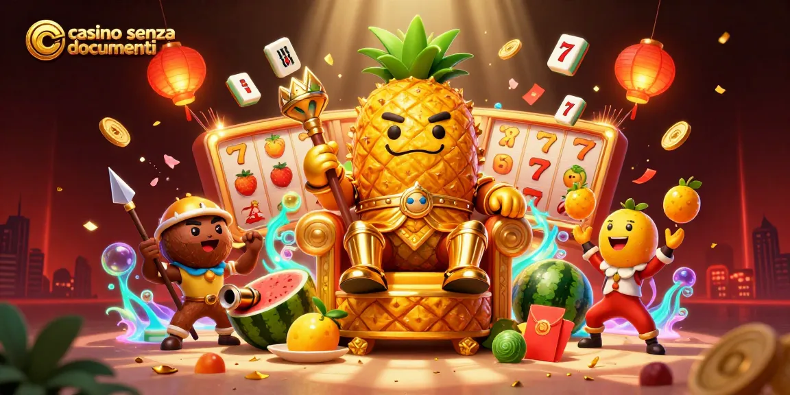 Giocare al casino senza documenti, con il re ananas e guardie in un'illustrazione vibrante.