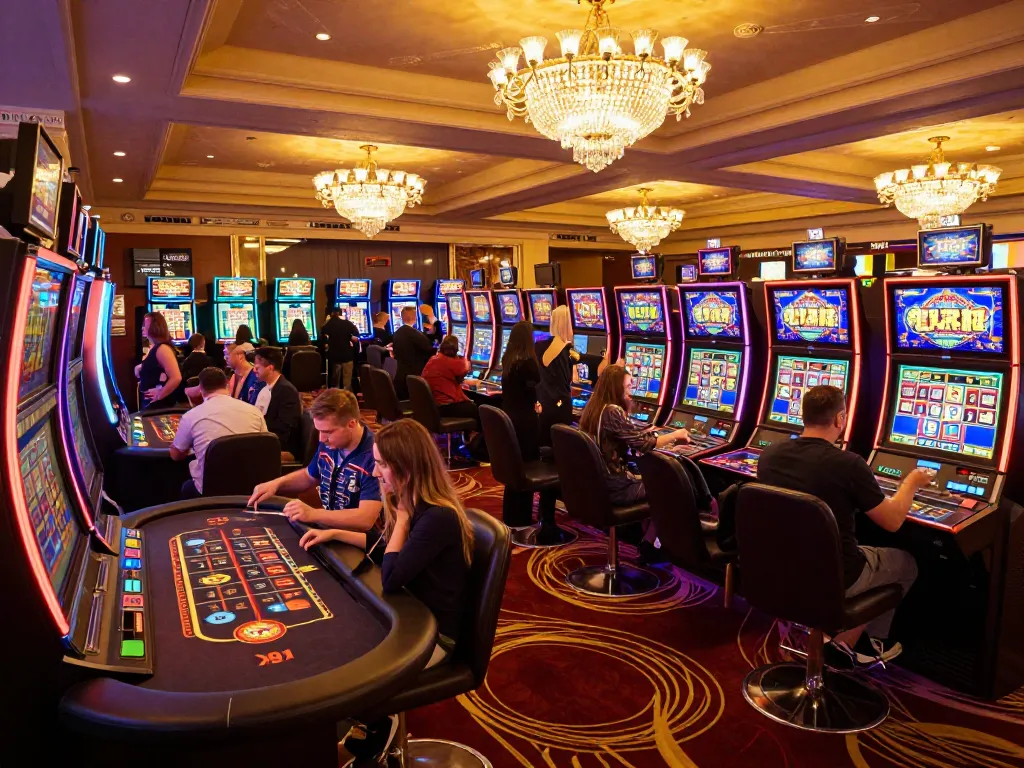 Players celebrating wins at 7m casino slot machines on a vibrant gaming floor