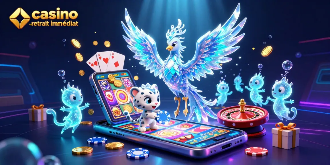 Illustration dynamique illustrant le casino en ligne retrait immédiat avec un phoenix de glace et une mascotte ludique.