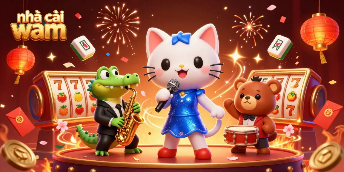 Join the excitement at nhà cái vmax with vibrant casino characters celebrating amidst slot reels and festive decorations.