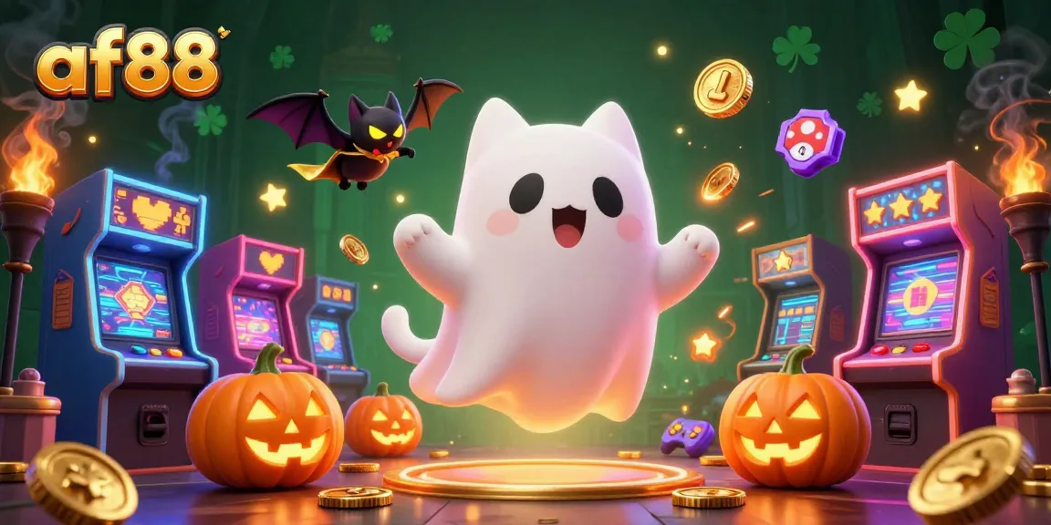 Experience thrilling gameplay at af88, featuring an enchanting ghost cat and glowing game elements in a haunted casino.