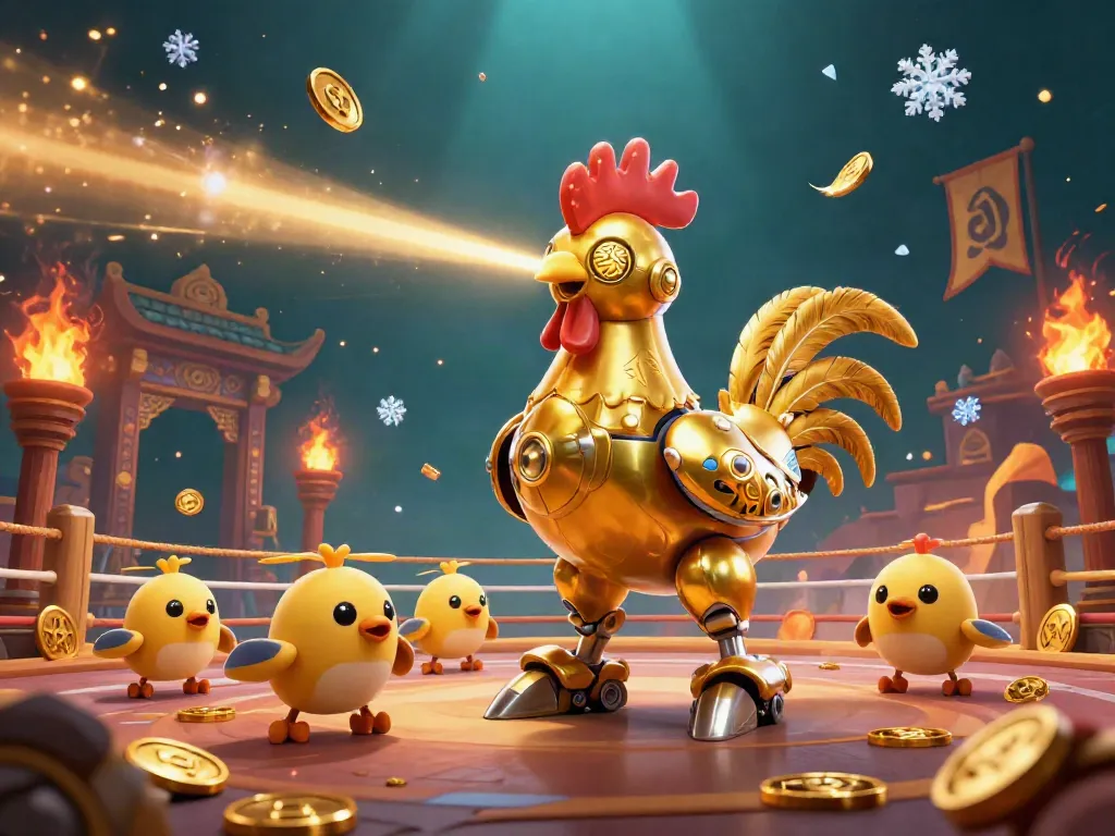 Engage with pulau 69 in this vibrant casino-themed illustration featuring golden rooster robots and baby chick drones.