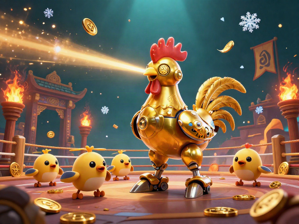 Engage with pulau 69 in this vibrant casino-themed illustration featuring golden rooster robots and baby chick drones.