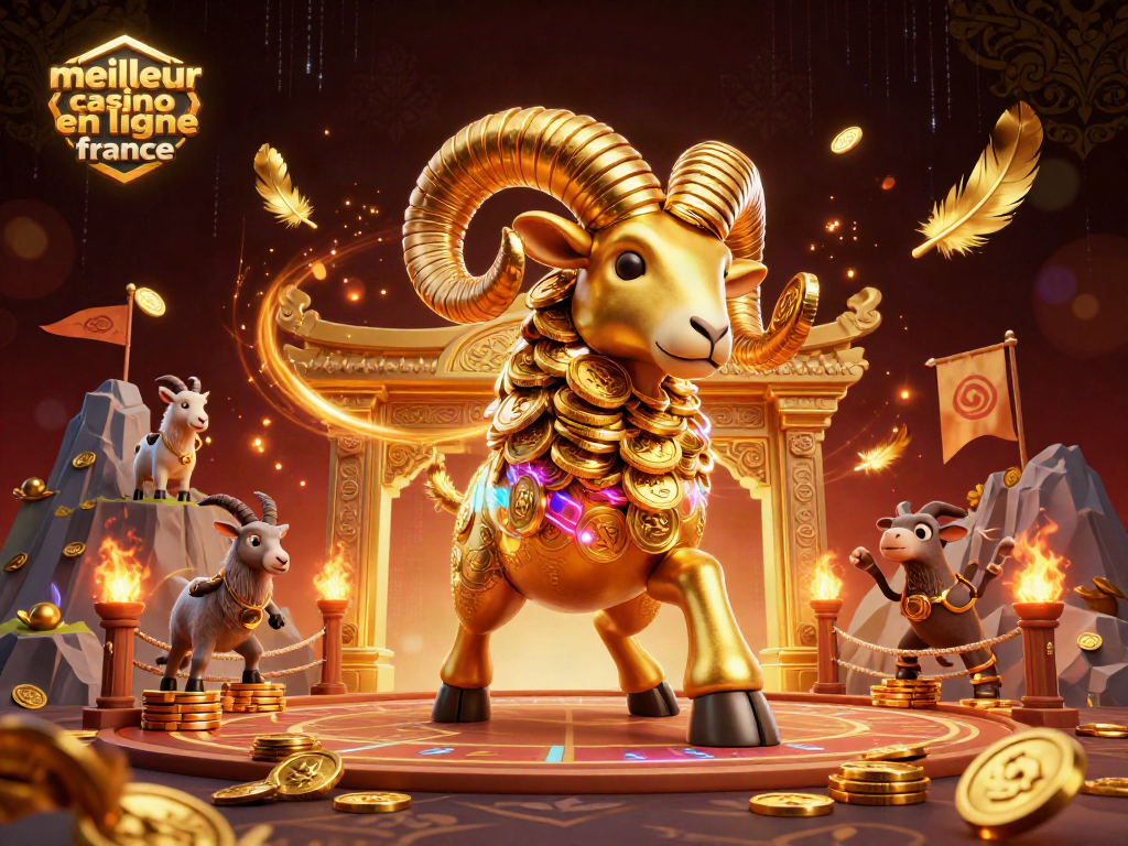 Le meilleur casino en ligne France : mise en scène animée avec un bélier doré et des éléments de jeu scintillants