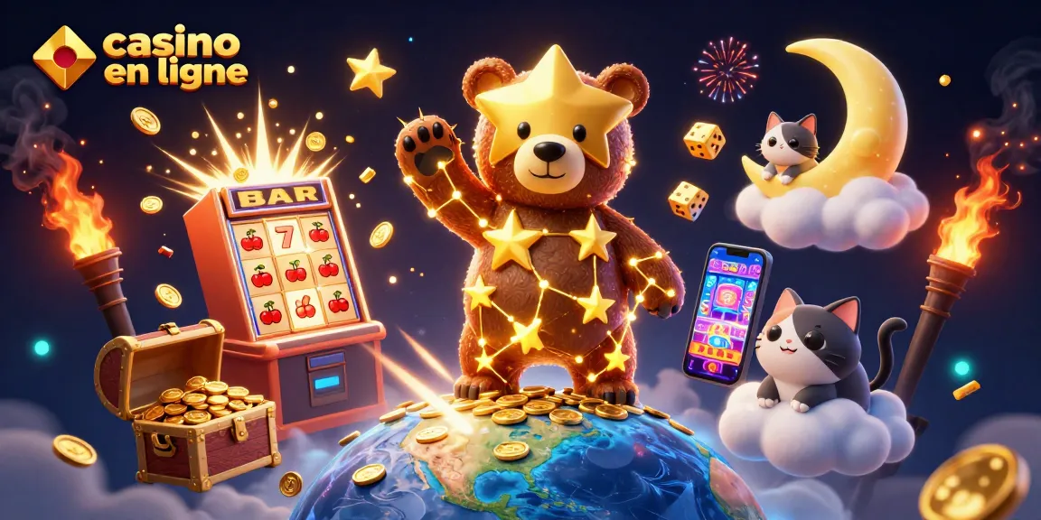 Jouez au casino en ligne avec un ours constellation et des éléments de machines à sous colorées.