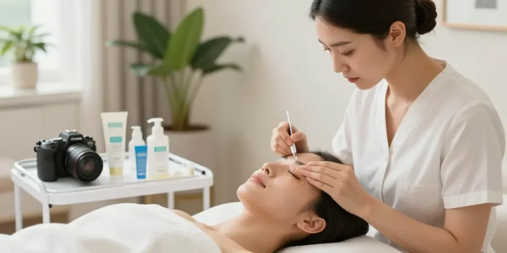 Augenringe abdecken mit professioneller Behandlung in einem modernen Beautystudio.