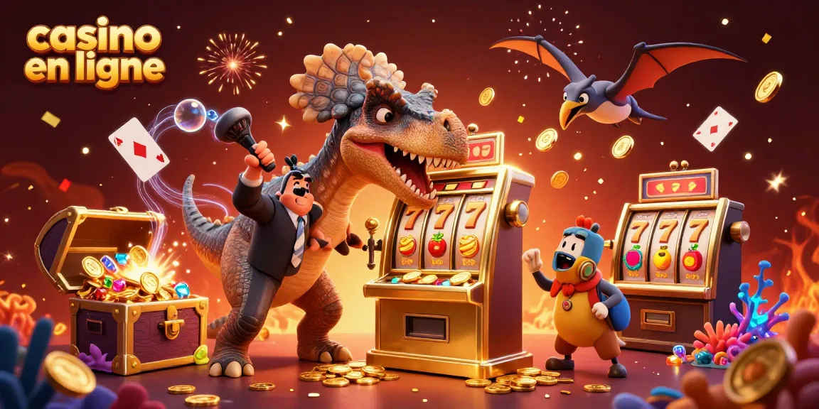 Attraper des pièces d'or des machines à sous dans un casino en ligne animé avec des dinosaures.