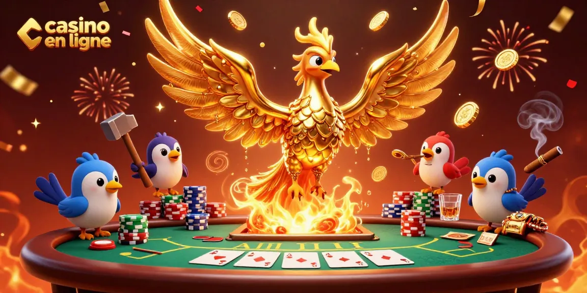 Jouez dans un casino en ligne avec un phénix doré et des assistants, entouré de jetons et de cartes.