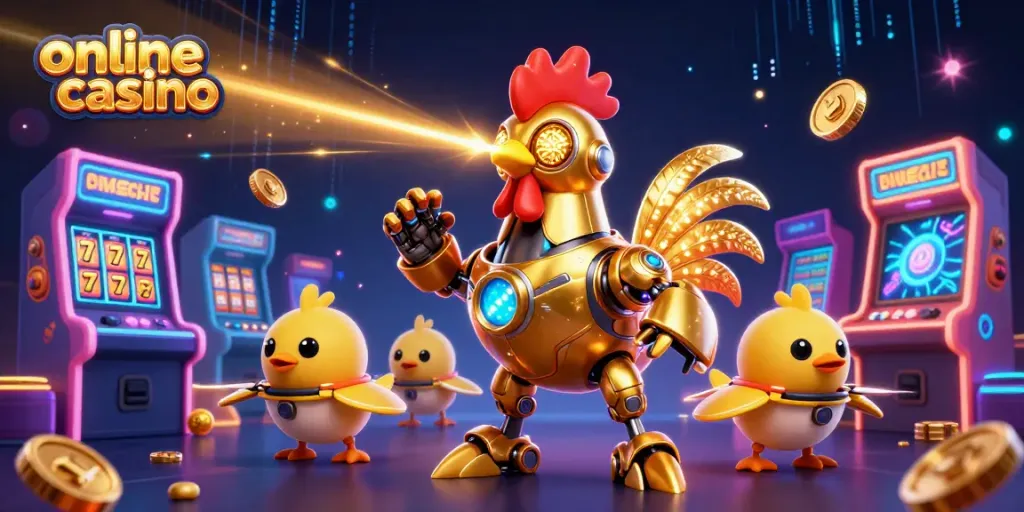 Juega en un casino online con una imagen vibrante de un robot gallo dorado y drones, rodeados de elementos de juegos