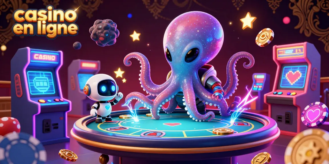 Jouez à casino en ligne avec une scène dynamique d'un poulpe extraterrestre et un robot autour d'une table de poker.