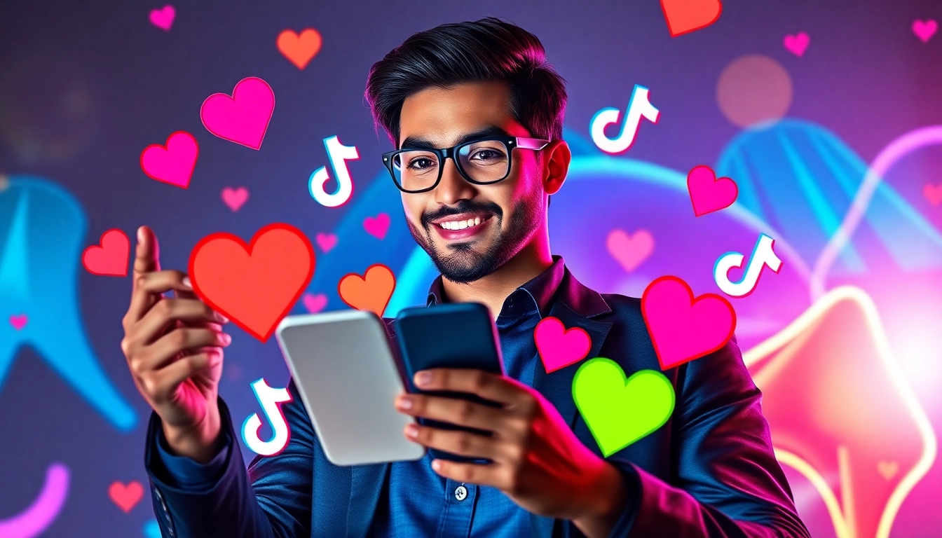 tiktok いいね 購入で成功を収めるインフルエンサーとカラフルなハートのグラフィック