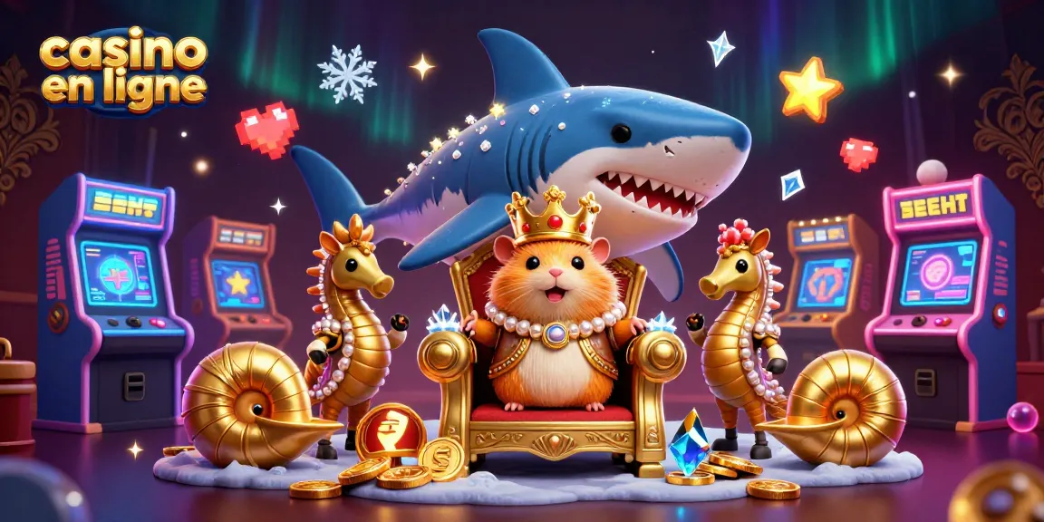 Illustration d'un roi hamster en or sur un trône de dent de requin avec des éléments de casino en ligne pour des jeux captivants.
