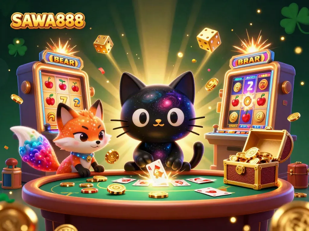 Play dynamic slots with vibrant features at SAWA888, showcasing a cosmic casino scene.