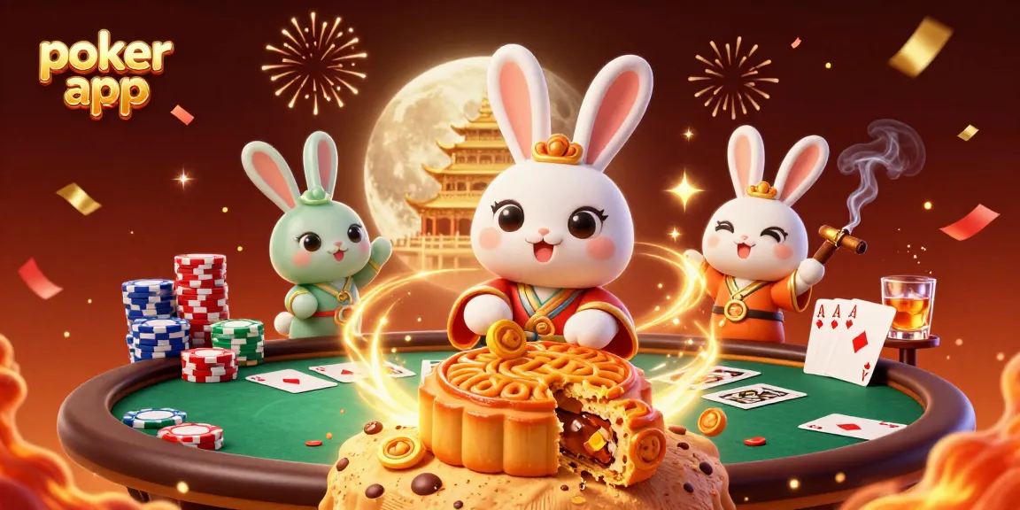 Gioca a poker app mentre il coniglio della luna sorprende con pezzi d’oro e fiches da poker.