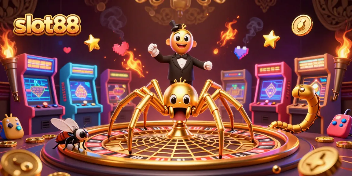 Slot88 menampilkan laba-laba emas 3D yang memutar roda roulette dengan detail mewah, suasana kasino yang menawan.