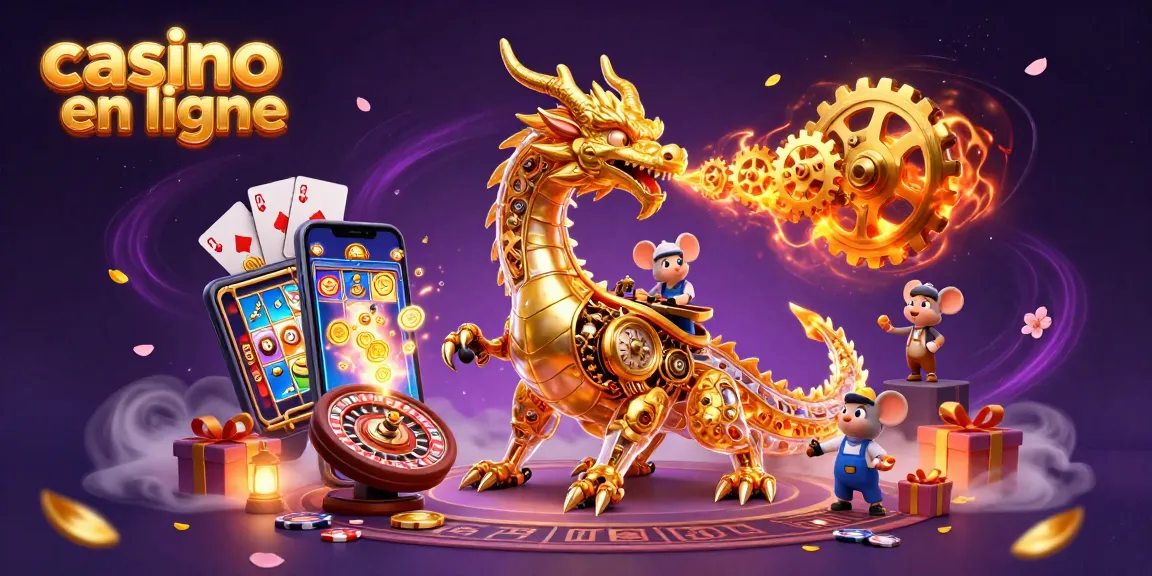 Plongez dans l'univers du casino en ligne avec cette illustration de dragon et jeux d'argent.
