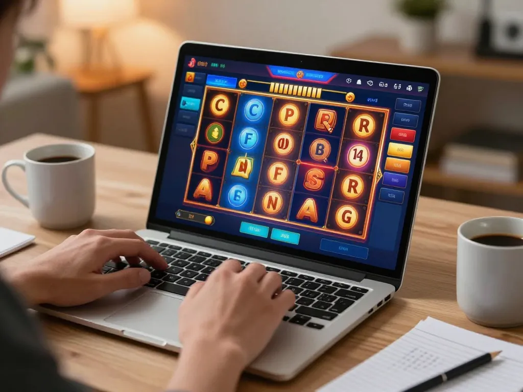 Engaged player spinning slot toto reels on a laptop, showcasing excitement in online gaming.
