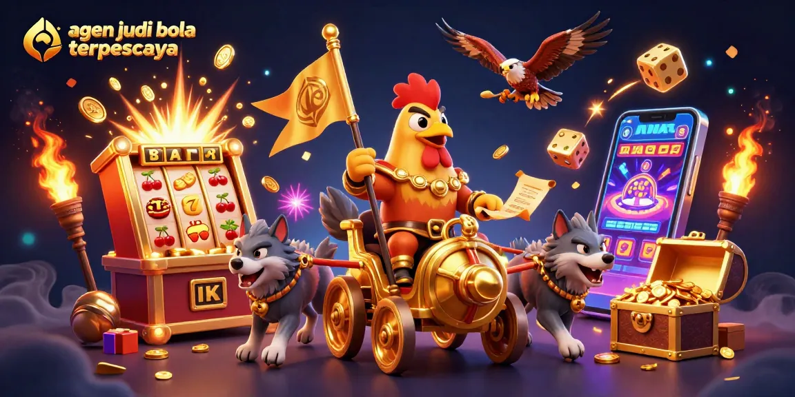 Agen judi bola terpercaya visualizes a rooster warlord navigating a vibrant gambling world filled with jackpot elements.