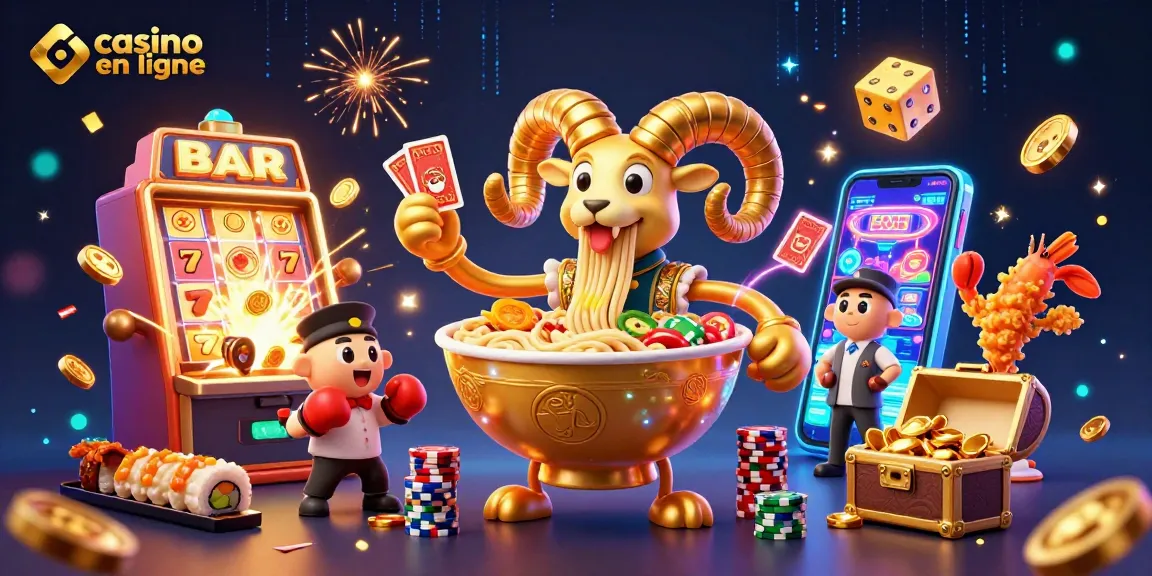 Casino en ligne : Pacifiez vos jetons avec un ramen géant et un gyoza dans un décor festif.