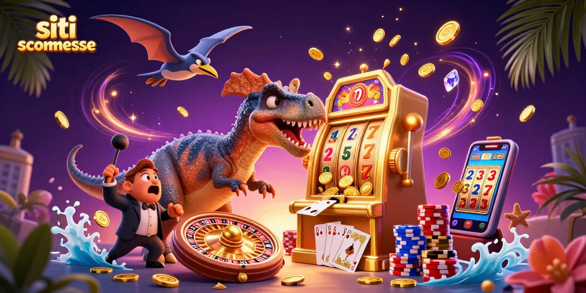 Il pachicefalosauro che fa “jackpot” nei siti scommesse, circondato da monete volanti e gioielli.