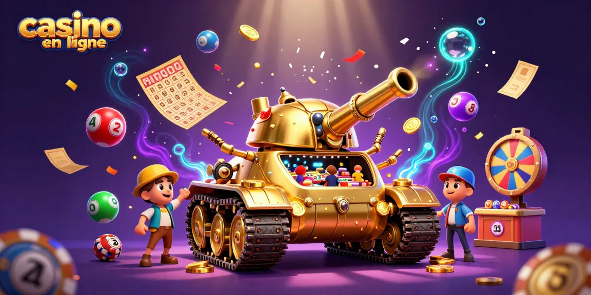 Illustration d'un casino en ligne avec un tank scarabée doré dévoilant un mini casino entouré de balles de loterie colorées.
