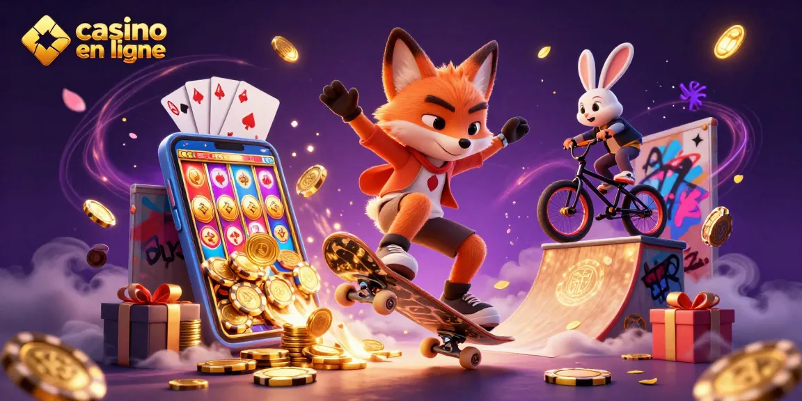 Gagnez gros avec le casino en ligne, un renard faisant un kickflip sur des jetons de poker dorés dans une scène dynamique.