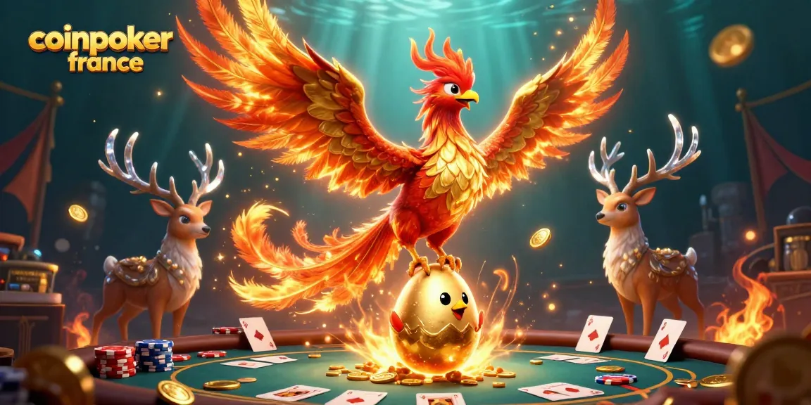 Plongez dans l'univers de CoinPoker France avec un phénix flamboyant et des éléments de poker fascinants.