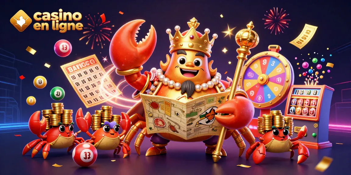 Illustration captivante de casino en ligne présentant un crabe doré royal et des éléments ludiques éparpillés.