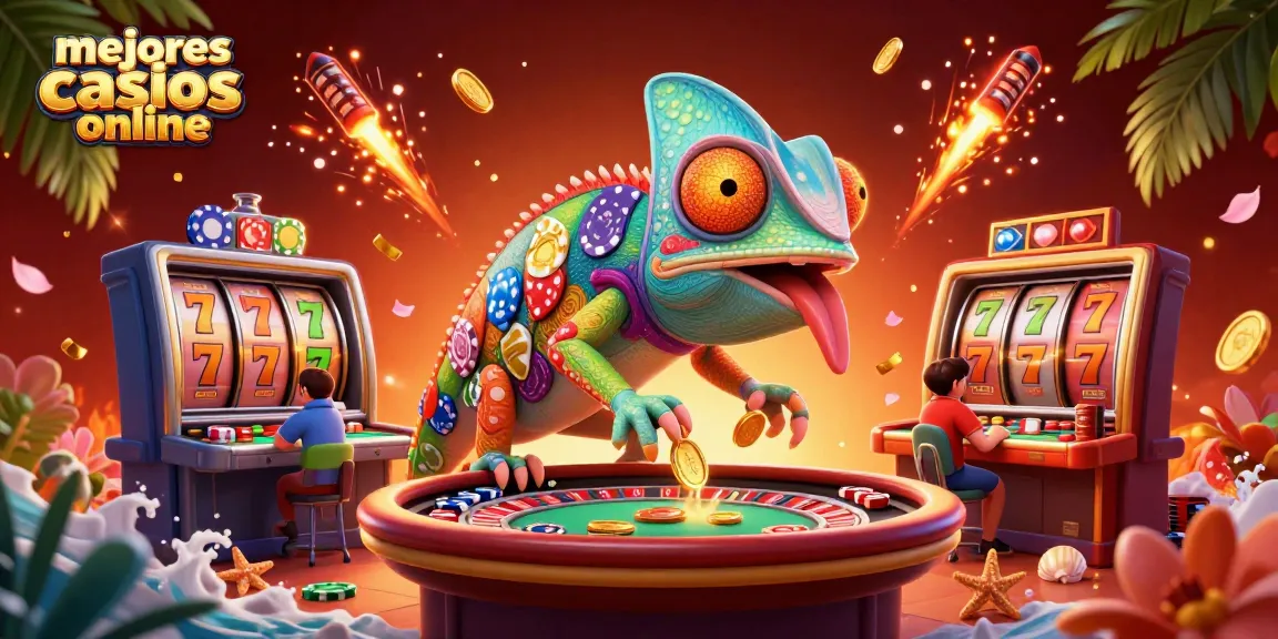 Gana en los mejores casinos online mientras un camaleón colorido observa las tragamonedas girar y recolecta monedas doradas.
