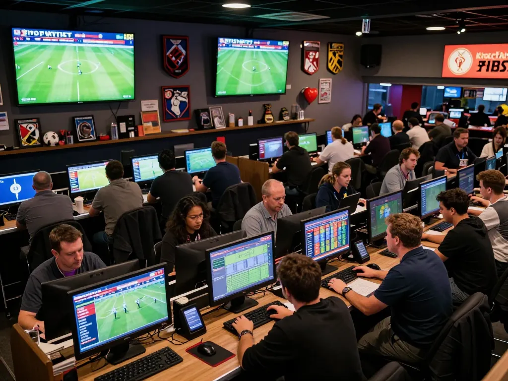 Engaged bettors at a vibrant sports betting venue using 7m for live odds and updates