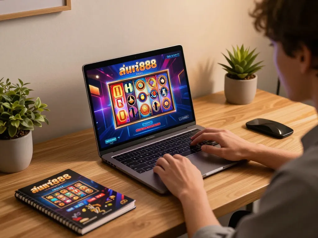 Engaging in สล็อต888 online gaming on a laptop in a cozy home workspace setting.