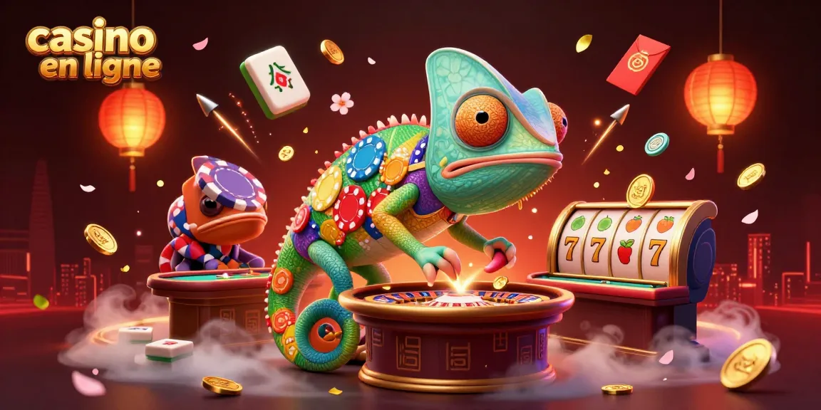 Jouez aux jeux de casino en ligne avec le propriétaire caméléon entouré d'éléments de jeu lumineux.