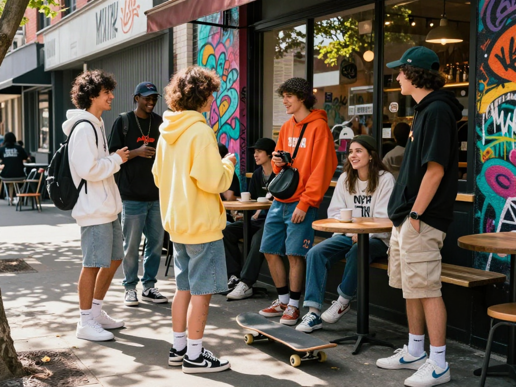 Young adults in stylish streetwear enjoying rokok88 culture at a vibrant urban cafe.